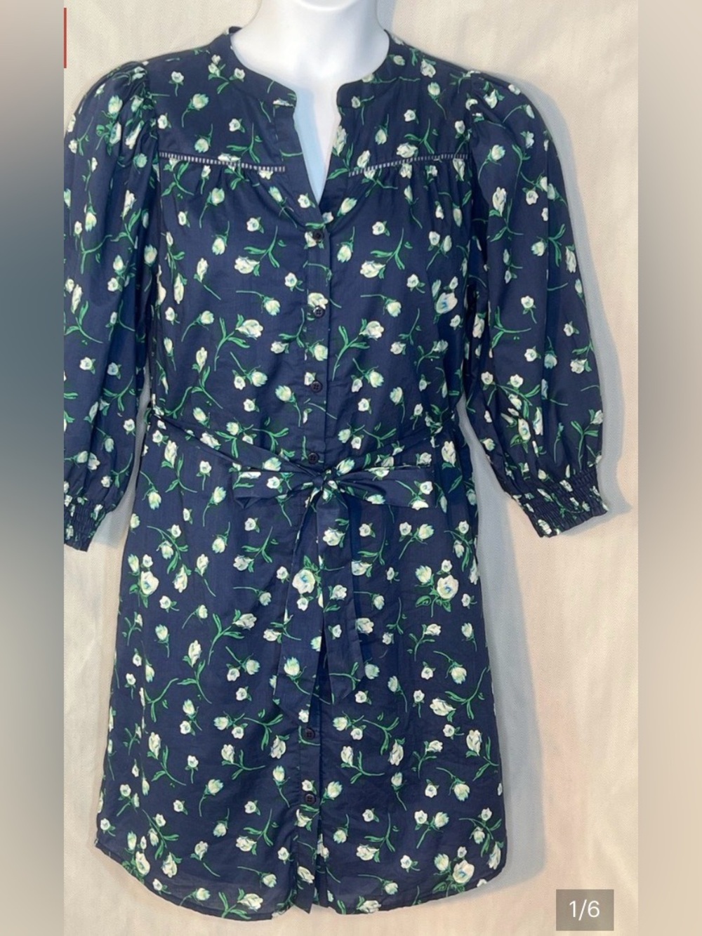 Du Paradise Anthropologie Dress Blue & Green Floral Cotton Button Front Belt M